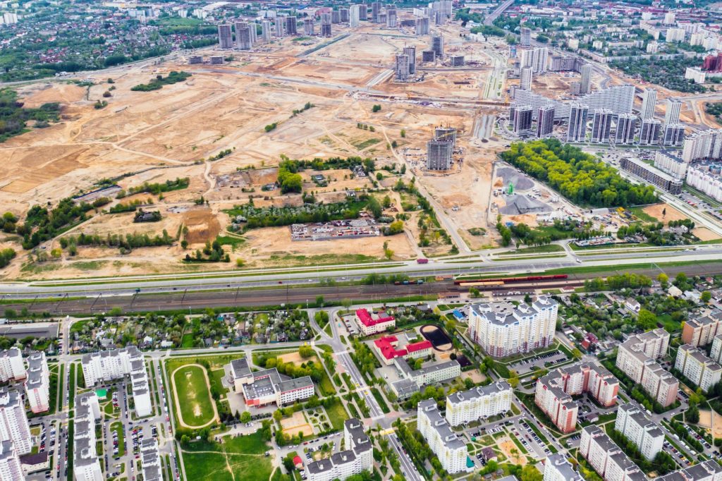 top view of the construction site and the city.The City Of Minsk.Start of new construction of a